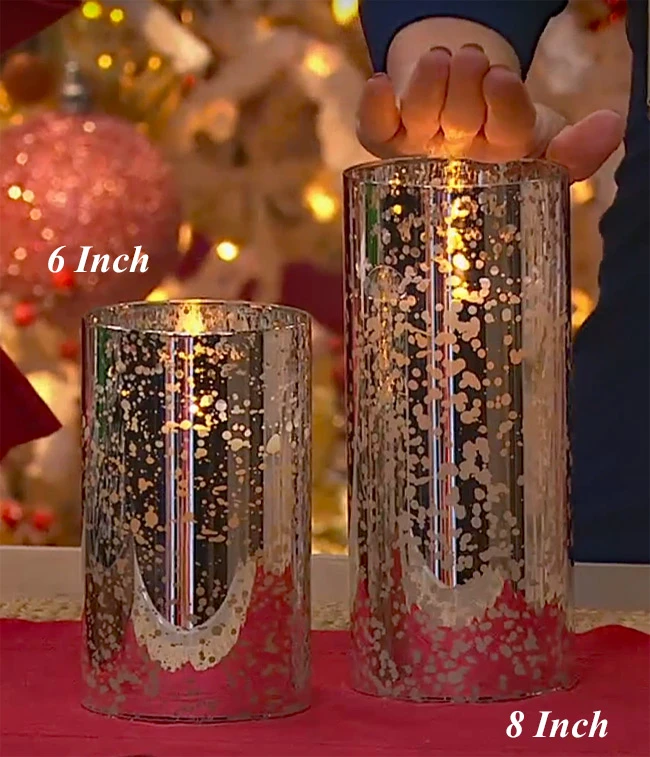 Moving Flame 6 Inch Silver Mercury Glass Flameless Cylinder Candle -Timer 3 Moving Flame 6 Inch Silver Mercury Glass Flameless Cylinder Candle -Timer