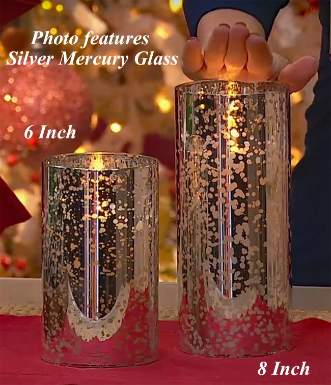 Moving Flame 8 Inch Silver Mercury Glass Flameless Cylinder Candle -Timer 3 Moving Flame 8 Inch Silver Mercury Glass Flameless Cylinder Candle -Timer