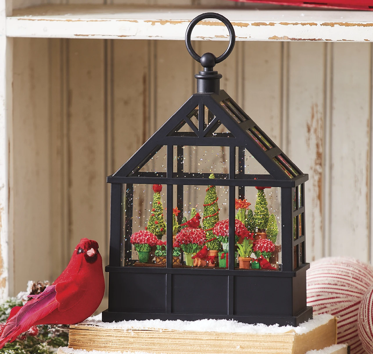 Lighted Water Greenhouse Cardinals, Red Amaryllis And Evergreens 3 Lighted Water Greenhouse Cardinals, Red Amaryllis And Evergreens