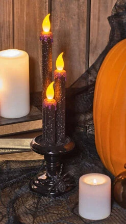 14.5 Inch LED Black Glitter Lighted Halloween Three Candelabra With Spider -Battery Operated Candles Shop 133462 5