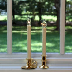 Traditional Flameless Window Candle Bright Dual Sided Bulb - Brass Finish - Timer 10 Traditional Flameless Window Candle Bright Dual Sided Bulb - Brass Finish - Timer -Battery Operated Candles Shop 2 styles brass cordless candles 1