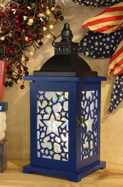 Blue Battery Operated Lighted Wood & Metal Americana Hologram Lantern - 13 Inch