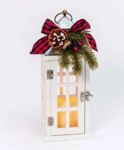 Windowpane Christmas Candle Lantern White Wood With Metal Top - Floral Accents 12.5 Inch -Battery Operated Candles Shop 2530160