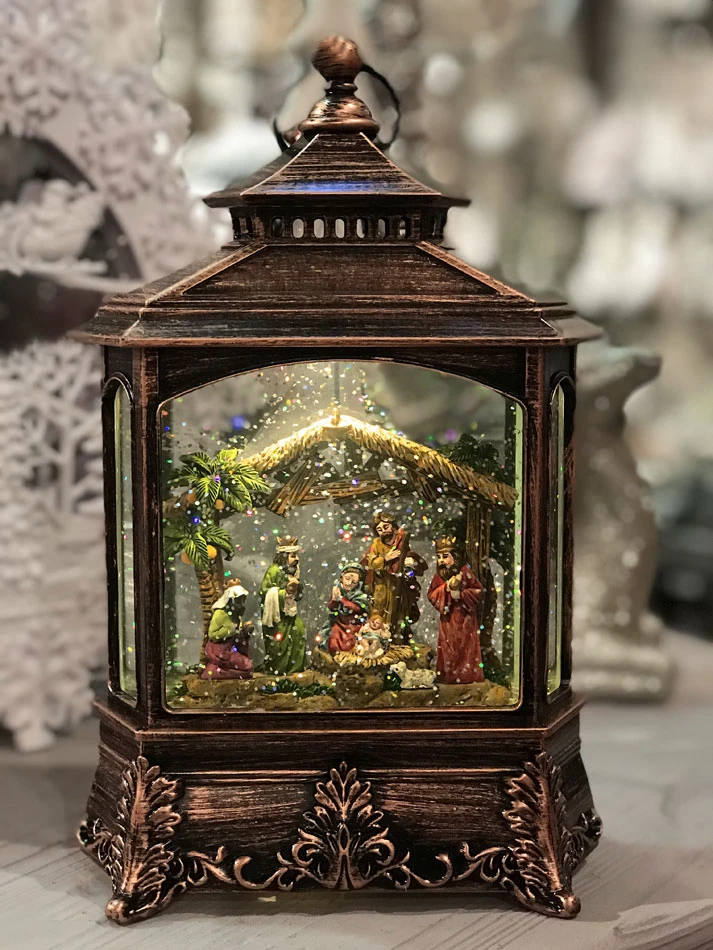 Nativity Scene Antique Bronze Lighted Water Lantern With Swirling Glitter - Plays Silent Night 4 Nativity Scene Antique Bronze Lighted Water Lantern With Swirling Glitter - Plays Silent Night - Image 2