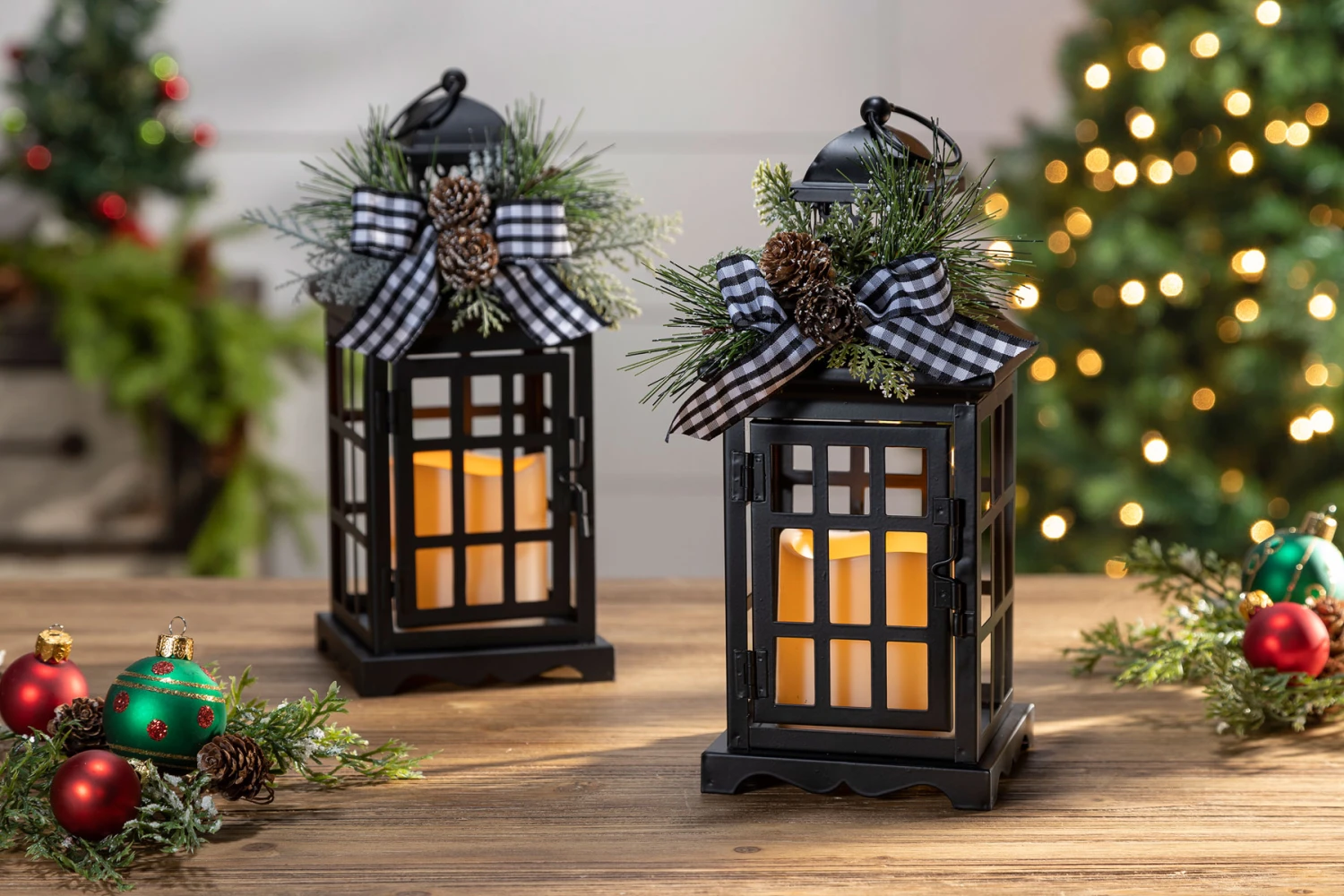 Set Of 2 Battery Operated Lighted Black Metal Holiday Lanterns With Floral Accents And Timer 3 Set Of 2 Battery Operated Lighted Black Metal Holiday Lanterns With Floral Accents And Timer