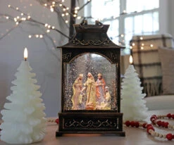Antique Bronze Nativity Scene Lighted Water Lantern With Swirling Glitter