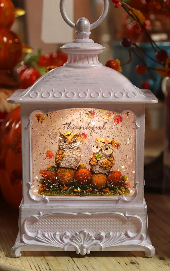 Owls Autumn Scene Lighted Fall Water Lantern With Swirling Glitter 3 Owls Autumn Scene Lighted Fall Water Lantern With Swirling Glitter