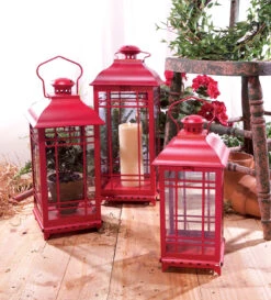 Set Of 3 Red Candle Lanterns - 14 - 17 - 20 Inch