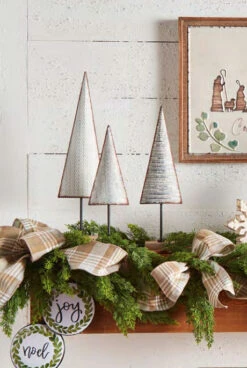 Galvanized Metal Holiday Trees On Wood Base - 15, 18, 21 Inch Set Of 3