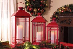 Set Of 3 Red Candle Lanterns - 14 - 17 - 20 Inch -Battery Operated Candles Shop 3 red lanterns holiday