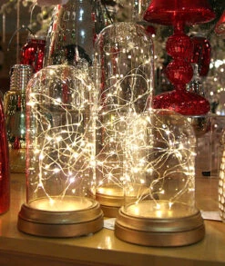 Glass Display Dome Cloche With 20 Suspended LED Fairy Lights 6.5 High 9 Glass Display Dome Cloche With 20 Suspended LED Fairy Lights 6.5 High -Battery Operated Candles Shop 3 sizes cloche with fairy lights