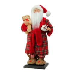 Tall 17.5 Inch Santa Figurine In Robe With Teddy And Hot Cocoa -Battery Operated Candles Shop 3615504