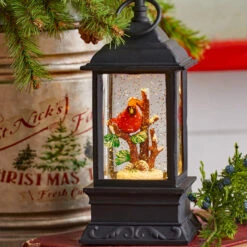 9.5 Inch Lighted Cardinal Glitter Water Lantern Battery Operated - Timer