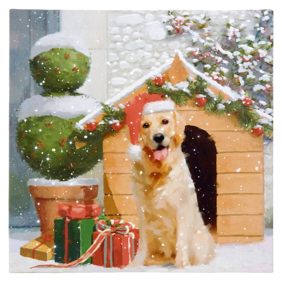 Twinkling LED Lighted Dog And Dog House Christmas Scene Print On Canvas - Raz 18 Inch 3 Twinkling LED Lighted Dog And Dog House Christmas Scene Print On Canvas - Raz 18 Inch