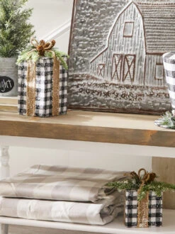 Black And White Buffalo Plaid Presents 8 And 10 Inch - Greenery And Pinecones Set Of 2 -Battery Operated Candles Shop 3902375 plaid gift boxes ra