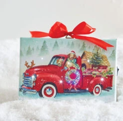 6 Inch Tabletop LED Lighted Print On Canvas - Dogs In A Red Truck With Stand