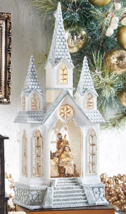 Nativity Lighted Water Church In Swirling Glitter Snow Globe - 16.25 Inch