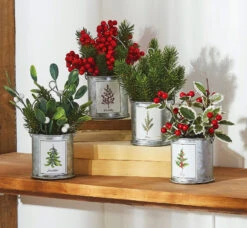 Winterberry, Pine, Holly And Mistletoe Assorted 4 In Galvanized Decorative Buckets