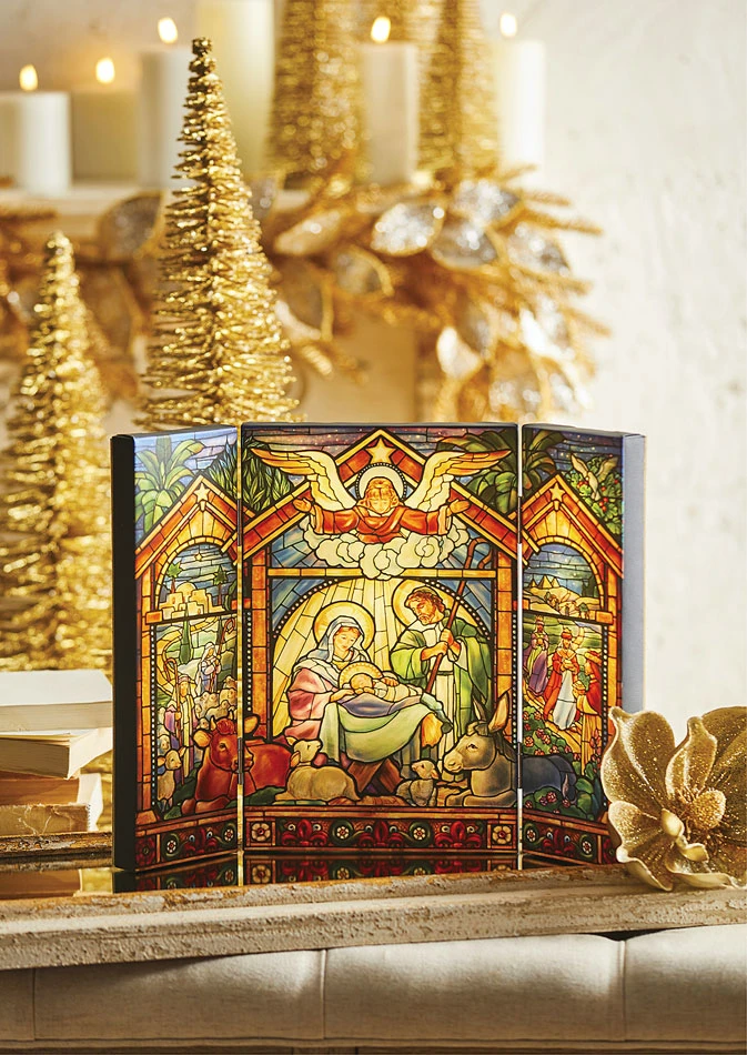 Nativity Faux Stained Glass Trifold Lighted Canvas Print - 18 Inch 3 Nativity Faux Stained Glass Trifold Lighted Canvas Print - 18 Inch
