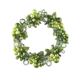 6.5 Inch Green And Crystal Beaded Mini Wreath - Candle Ring NEW 2022