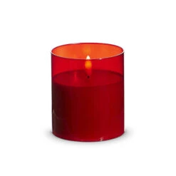 Red Glass Flameless Candle 3.5 Inch X 4 Inch Ivory Pillar - Remote Ready