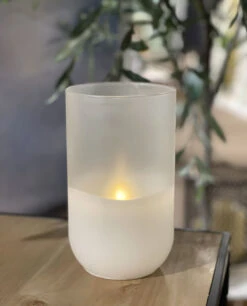 Flameless 8 Inch Wax Candle In Frosted Glass With Adjustable Brightness