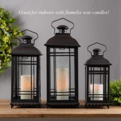 Set Of 3 Rubbed Oil Bronze Candle Lanterns - 14 - 17 - 20 Inch 7 Set Of 3 Rubbed Oil Bronze Candle Lanterns - 14 - 17 - 20 Inch -Battery Operated Candles Shop 57349 indoors