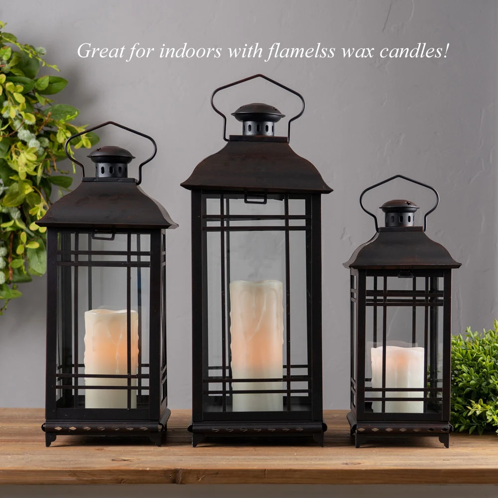 Set Of 3 Rubbed Oil Bronze Candle Lanterns - 14 - 17 - 20 Inch 5 Set Of 3 Rubbed Oil Bronze Candle Lanterns - 14 - 17 - 20 Inch - Image 3