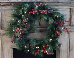 24 Inch Battery Operated Decorative Wreath - 30 LED's - Pine Cones And Red Berries -Battery Operated Candles Shop 75720 front image