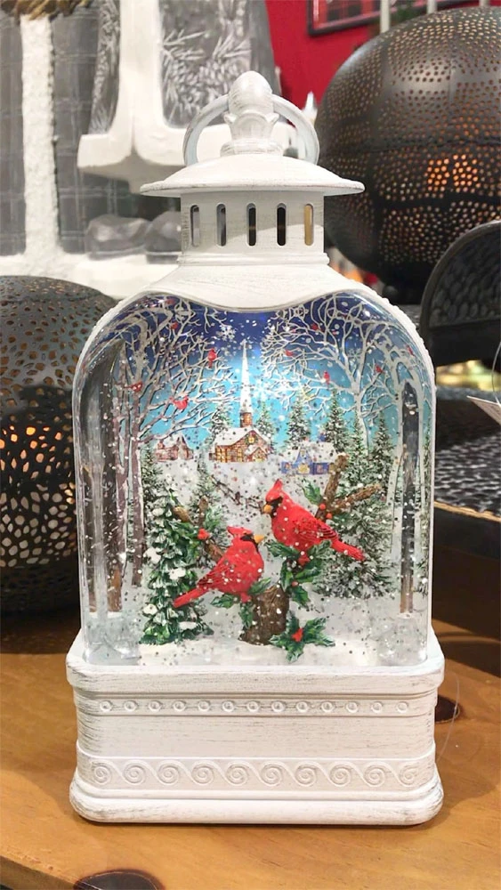 White Lighted Water Lantern With Cardinals And Town Scene Snow Globe - 10.5 Inch 4 White Lighted Water Lantern With Cardinals And Town Scene Snow Globe - 10.5 Inch - Image 2
