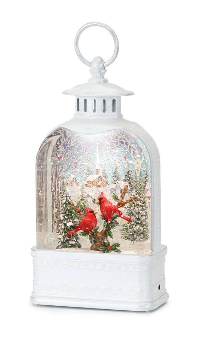 White Lighted Water Lantern With Cardinals And Town Scene Snow Globe - 10.5 Inch 3 White Lighted Water Lantern With Cardinals And Town Scene Snow Globe - 10.5 Inch
