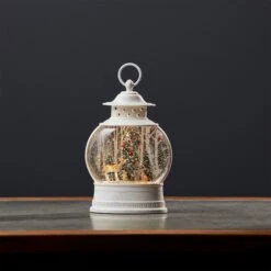 Deer With Forest Animals Snow Globe In White Water Lantern -Battery Operated Candles Shop 80789 10201