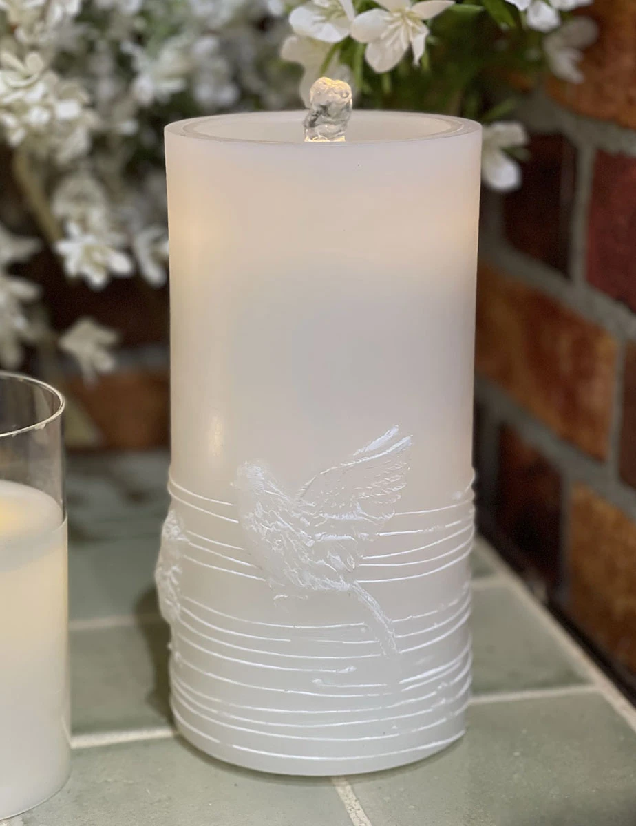 White Wax With Bird Design Aquaflame Fountain Candle - Remote Control Included - NEW 2023 3 White Wax With Bird Design Aquaflame Fountain Candle - Remote Control Included - NEW 2023