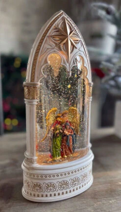 Angel Lighted Water Church Nativity Scene In Swirling Glitter -Battery Operated Candles Shop arched church side view