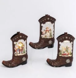 Lighted Cowboy Boot With Santa Water Lantern In Swirling Glitter -Battery Operated Candles Shop boots 3 2