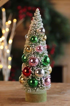 Bottle Brush Tree With Ornaments And Wood Base - 10 Inch