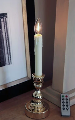 Remote Control 13.75 Inch Gold Candlestick With Battery Operated Candle - Remote Included