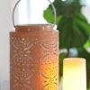 Rechargeable Lantern With Fire Glow Light Unit 12 Inch Coral Enamel -Battery Operated Candles Shop coral 1 fireglow