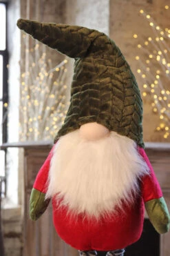 Holiday Gnome With Extendable Legs - Green Hat, Striped Legs - 46 Inch -Battery Operated Candles Shop gnome green hat side