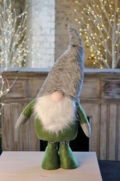 Holiday Gnome With Extendable Legs - Grey Hat, Striped Legs - 46 Inch -Battery Operated Candles Shop gnome grey hat shorty