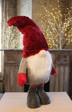 Holiday Gnome With Extendable Legs - Red Hat, Striped Legs - 46 Inch -Battery Operated Candles Shop gnome red hat side