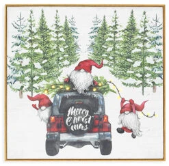 Battery Operated Lighted Wood Gnomes In A Jeep Sign - 15.75 Inch