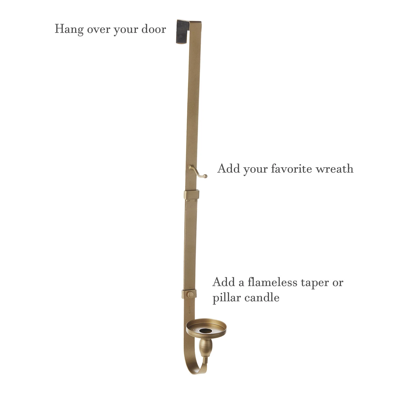 Gold Wreath Hanger With Taper And Candle Holder - 30.5 Inch Adjustable 3 Gold Wreath Hanger With Taper And Candle Holder - 30.5 Inch Adjustable