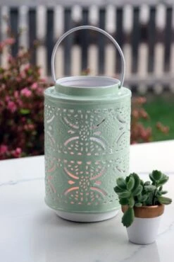 Rechargeable Lantern With Fire Glow Light Unit 12 Inch Green Enamel 11 Rechargeable Lantern With Fire Glow Light Unit 12 Inch Green Enamel -Battery Operated Candles Shop green metal lantern 1