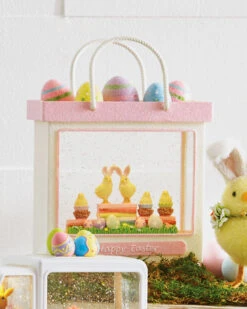 Lighted Easter Shopping Bag With Chicks And Egg Figurines In Swirling Glitter