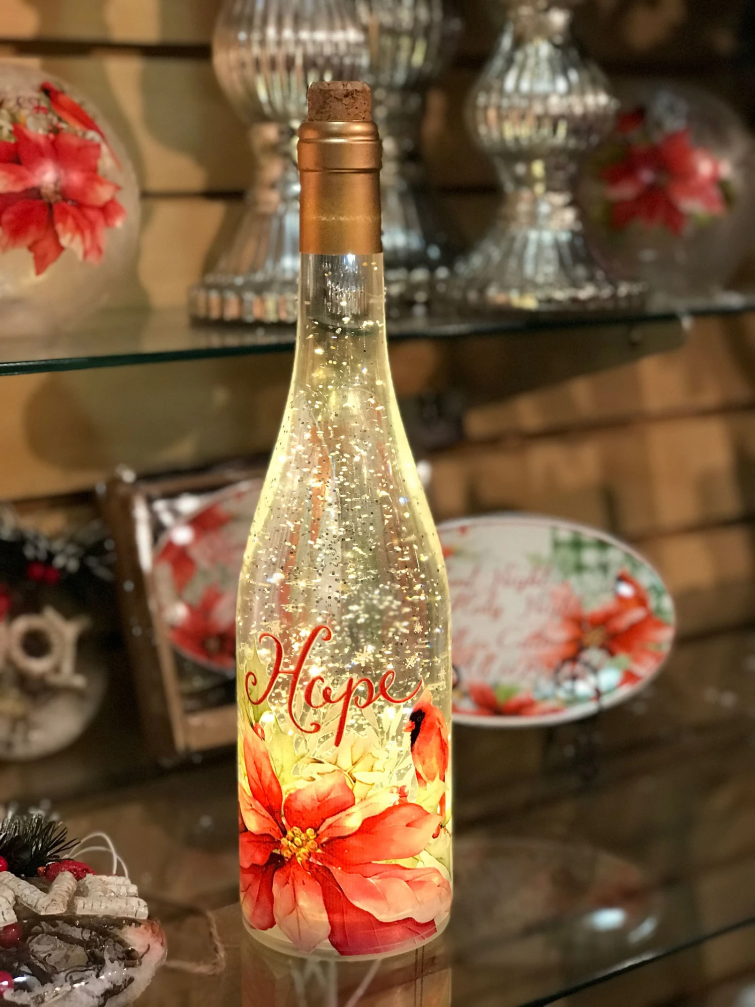 Lighted Wine Bottle With Swirling Glitter Hope Poinsettia Design With Cardinals Snow Globe 3 Lighted Wine Bottle With Swirling Glitter Hope Poinsettia Design With Cardinals Snow Globe