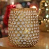 Gold And White Honeycomb Glass Votive With Lights - Battery Operated 5.5 Inch 1 Gold And White Honeycomb Glass Votive With Lights - Battery Operated 5.5 Inch -Battery Operated Candles Shop large gold and white votive holder