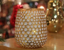 Gold And White Honeycomb Glass Votive With Lights - Battery Operated 5.5 Inch