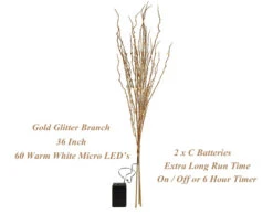 Battery Operated LED Gold Glitter Branch - 36 Inch 60 LED's - Timer