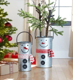 Set Of 2 Nesting Galvanized Snowmen Buckets With Handles 16 -18 Inch